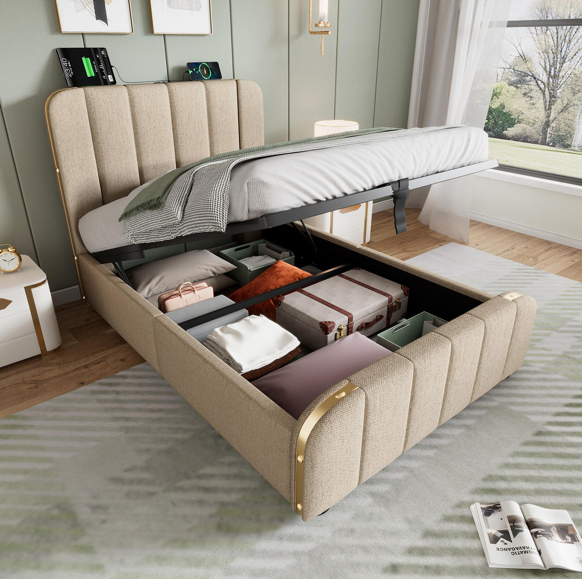 POLSTERBETT 90/200 cm Beige mit Stauraum und USB- und Type-C-Anschlüssen - Beige, Textil (90/200cm) - Flora Grace