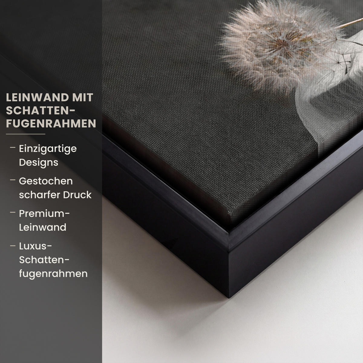 LEINWAND Bilder mit Rahmen - Blumensamen - Löwenzahn - Vase - Stilleben - Blumenstrauß - 30x20 - Dunkelgrau, Textil (30/20cm) - MuchoWow