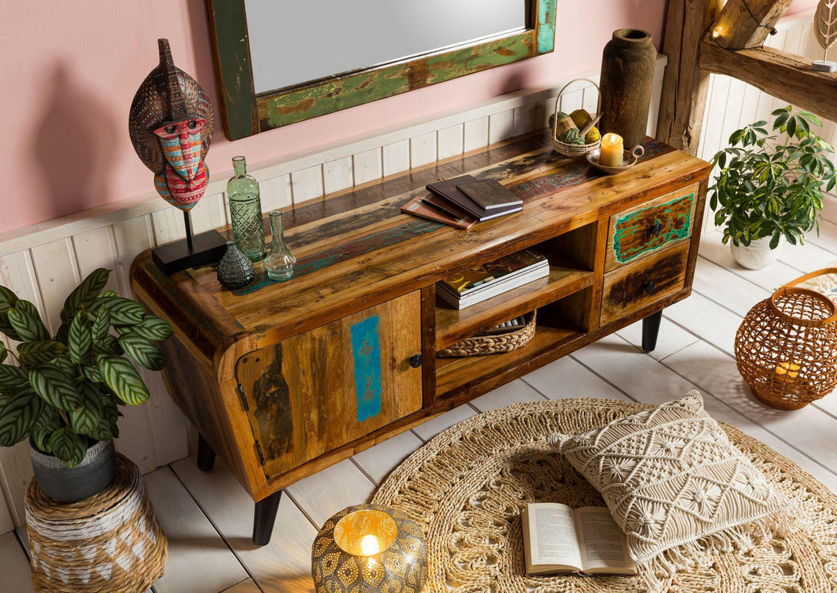 TV-BOARD Altholz 145x45x62 mehrfarbig lackiert SIXTIES #102 - Multicolor, Holz (145/62/45cm) - Massivmoebel24