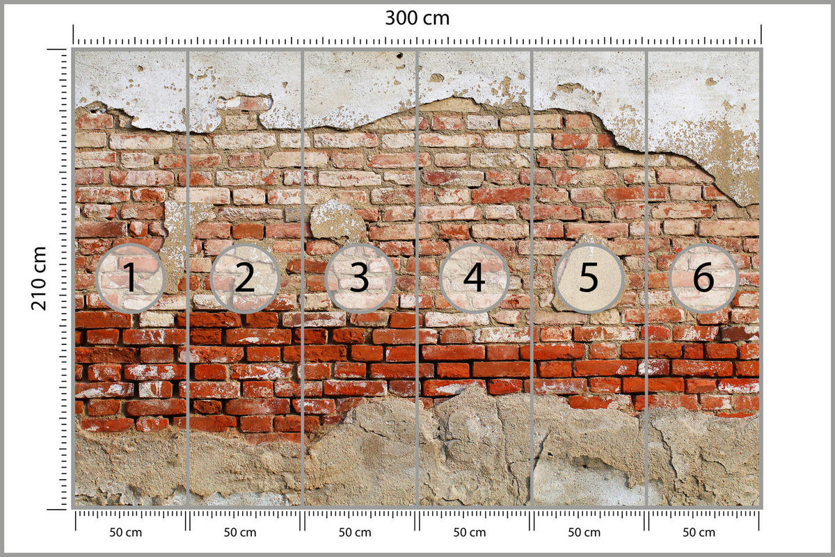 FOTOTAPETE für Wohnzimmer Alte Rissige Rote Ziegelwand Rustikal 300x210 - Beige/Rot, Papier (300/210cm) - Muralo
