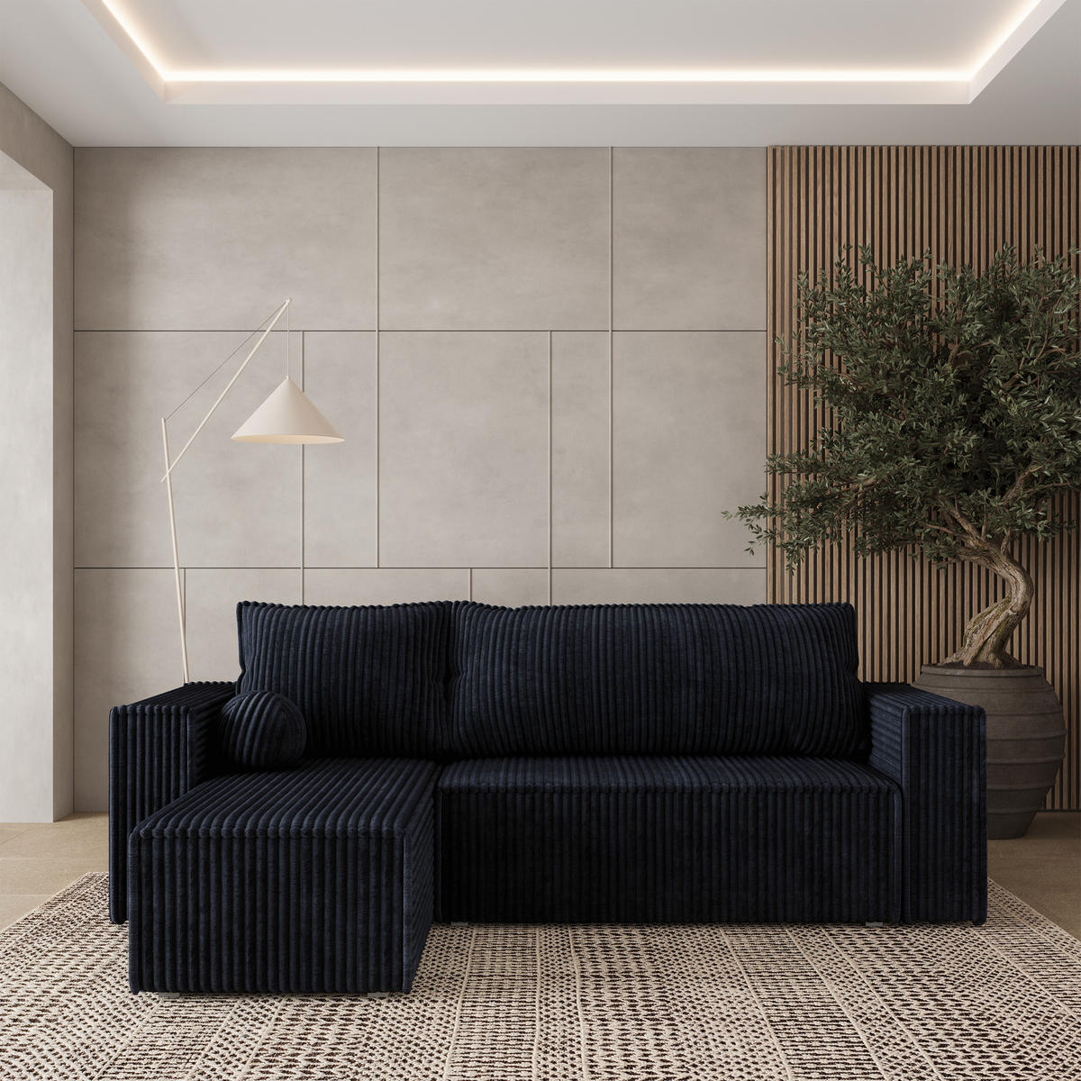 ECKSOFA RAVELO T Schwarz Kordstoff mit Schlaffunktion - Schwarz/Grau, Holz/Kunststoff (240/140cm) - MASSENO