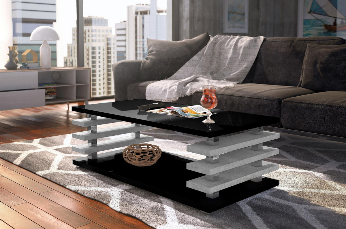 COUCHTISCH rechteckig Schwarz Hochglanz - Beton Ablage 120/40/60 cm - Schwarz Hochglanz/Hellgrau, Holzwerkstoff (60/120/40cm) - designimpex