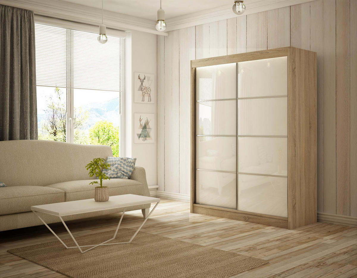 SCHIEBETÜRENSCHRANK TIPI III - Weiß/Sonoma Eiche, Holzwerkstoff (120/215/61cm) - Meblini