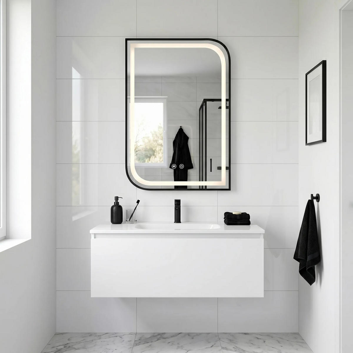 SPIEGEL Rea Led Zone 80x60 Black - Schwarz, Glas (60/80/2.5cm) - REA