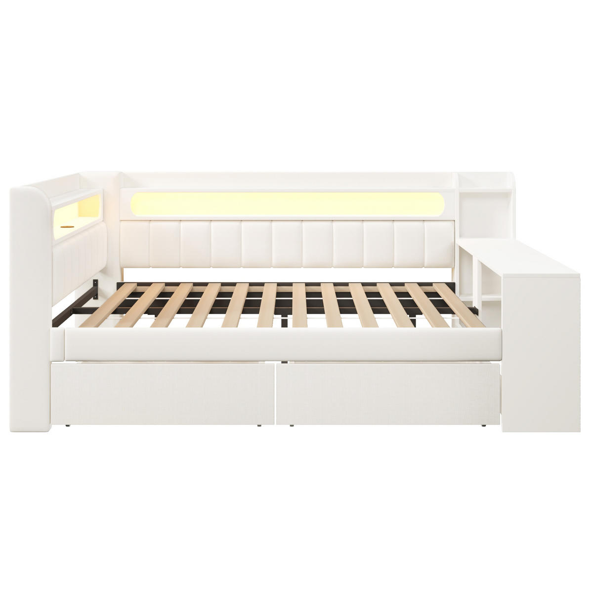 ČALOUNĚNÁ postel z MDF a překližky 140x200 cm bílá s LED osvětlením, USB portem, psacím stolem a 2 zásuvkami - bílá, kompozitní dřevo (140/200cm) - Modfu