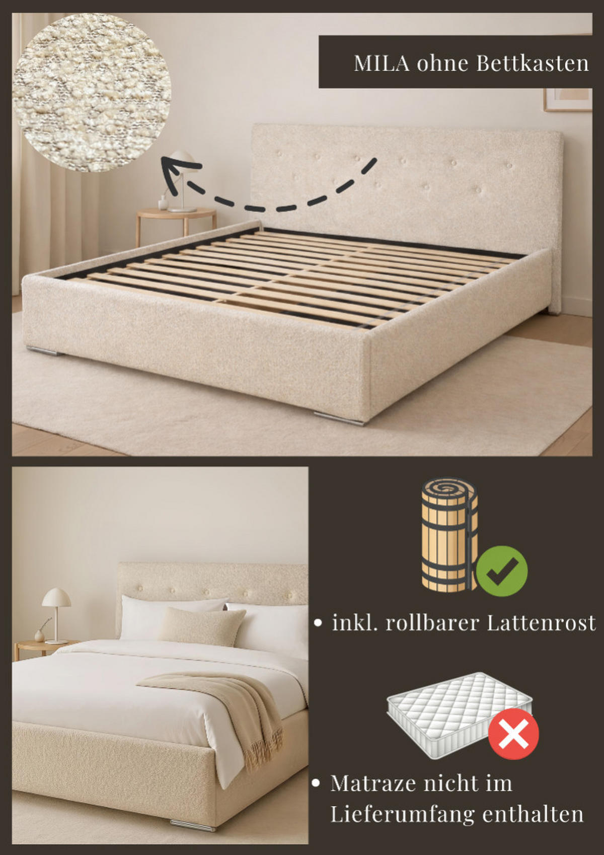 ČALOUNĚNÁ POSTEL MILA 180 s rošt – látka MARCELLO 18303 - béžová, kompozitní dřevo (180/200cm) - Kier Furniture