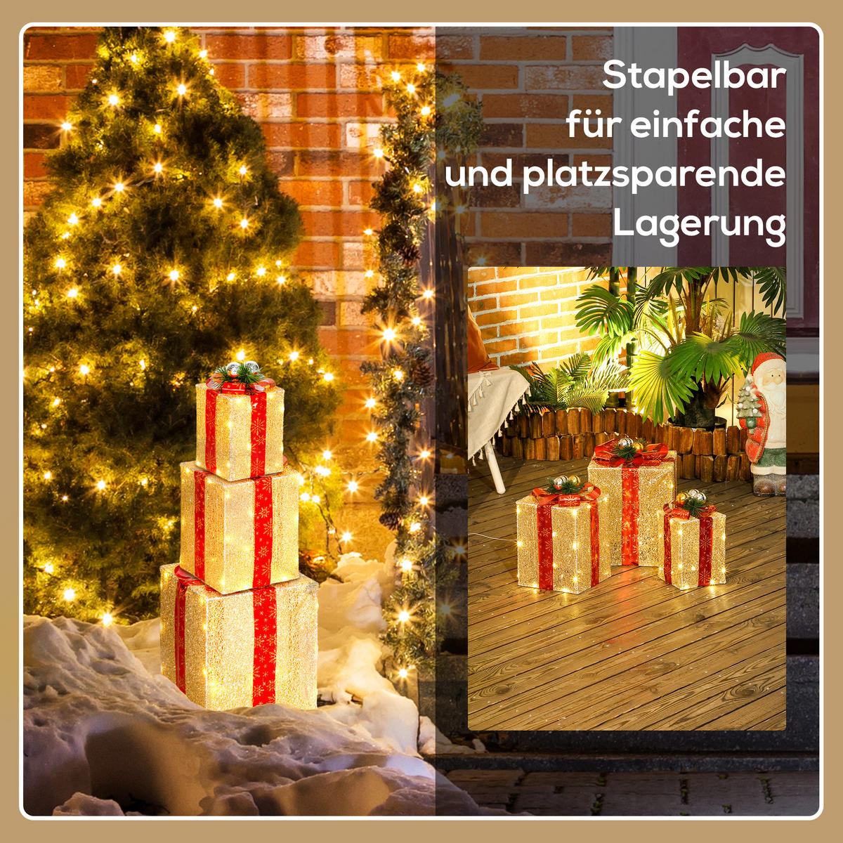 WEIHNACHTS-GESCHENKBOXEN-SET für Innen- und Außendekoration, mit 58 LED-Lichtern, Goldton - Goldfarben, Kunststoff/Metall (25.5/35/25.5cm) - Outsunny