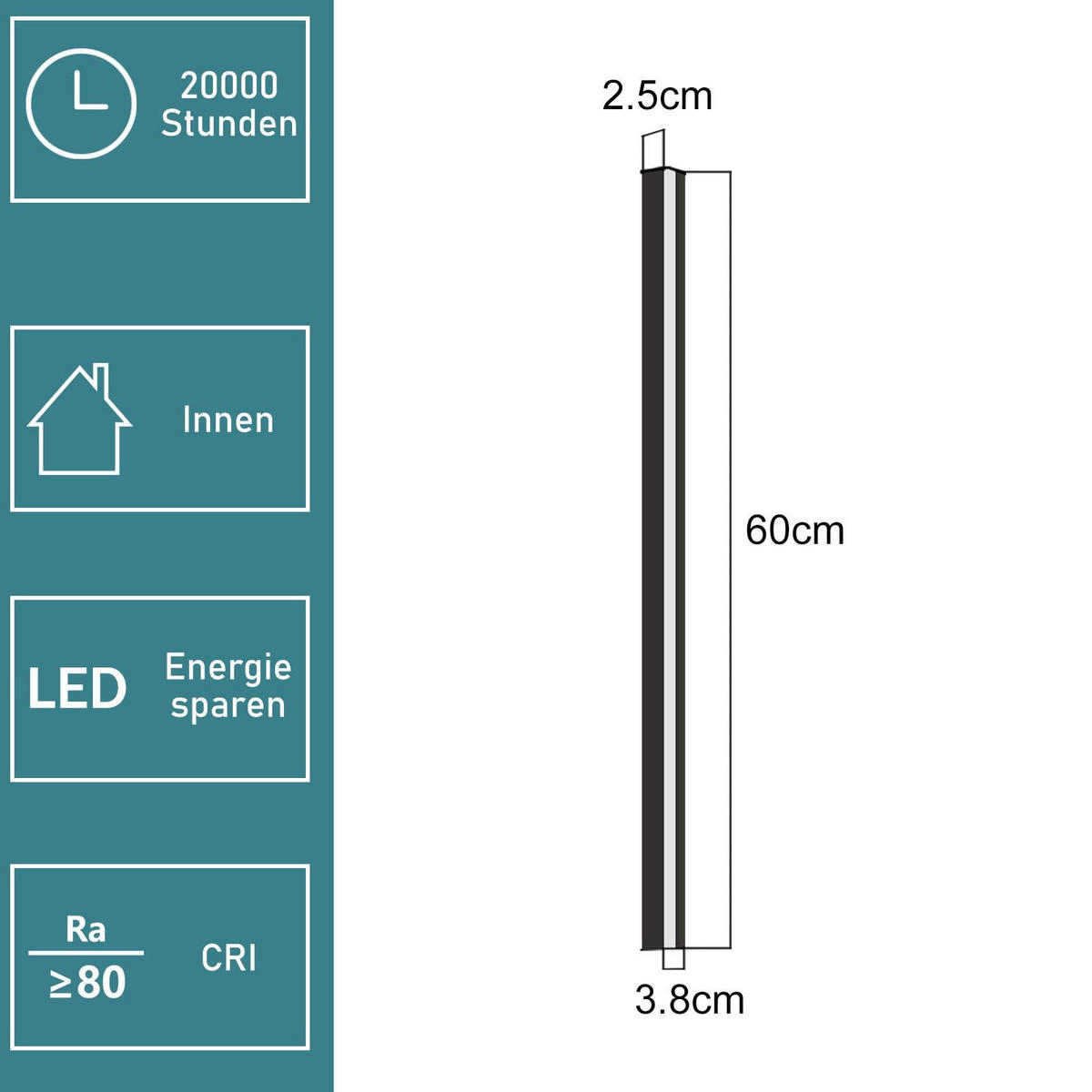 LED - WANDLEUCHTE Gischturion 3.8/60.0/2.5 cm - Schwarz, Metall (3.8/60/2.5cm) - ZMH
