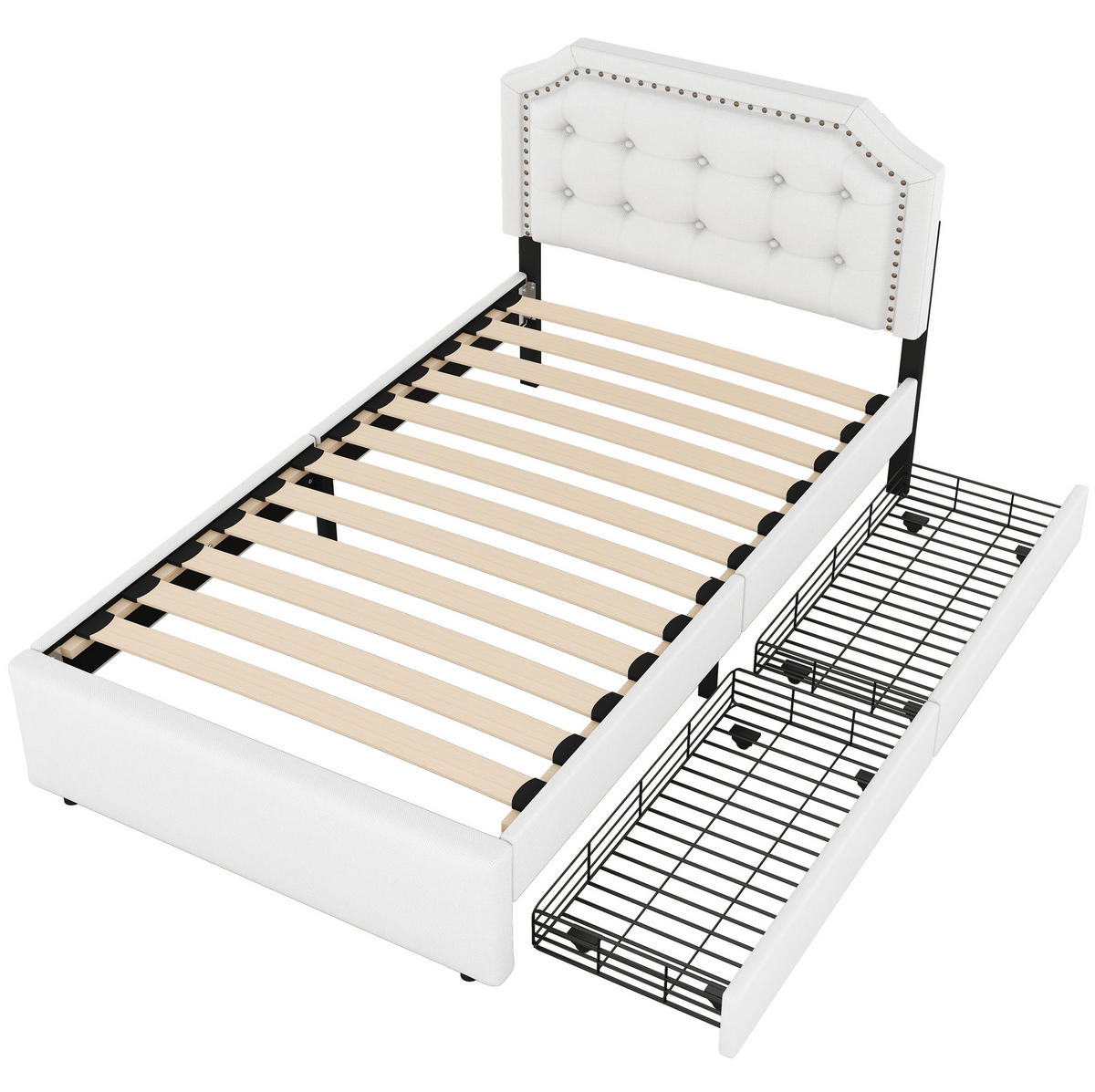 ČALOUNĚNÁ postel 90/200 cm světle béžová z MDF a lněné tkaniny se 2 zásuvkami - ecru, kompozitní dřevo (90/200cm) - OKWISH