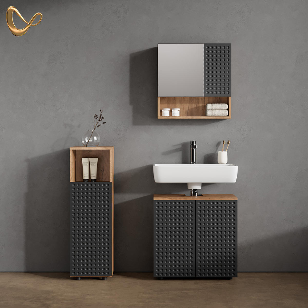 BADMÖBEL-SET Ronco Anthrazit gepunktet 3 Teile - Honigeiche/Anthrazit, Holzwerkstoff (60/59/30cm) - Livinity®