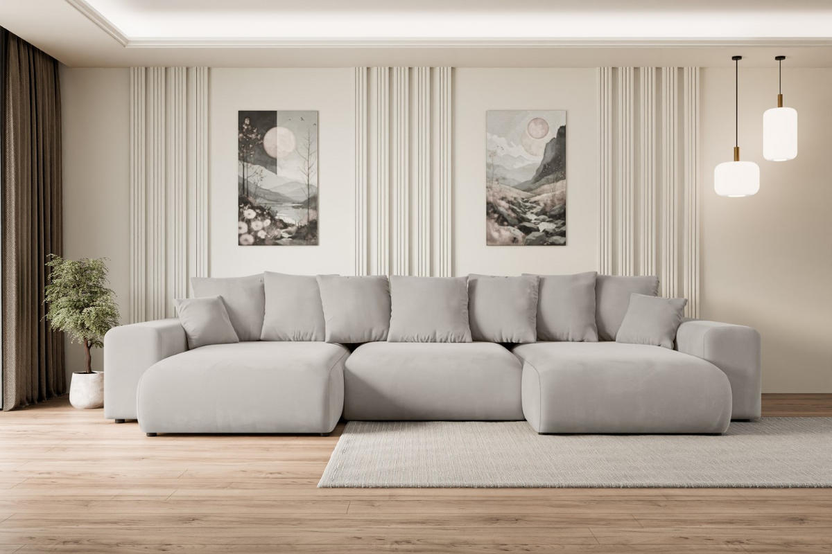 WOHNLANDSCHAFT mit Schlaffunktion und Bettkasten ESKAR-U -352x165x84cm Hellbraun Velours - Hellbraun/Schwarz, Holzwerkstoff/Kunststoff (352/84/165cm) - ALTDECOR