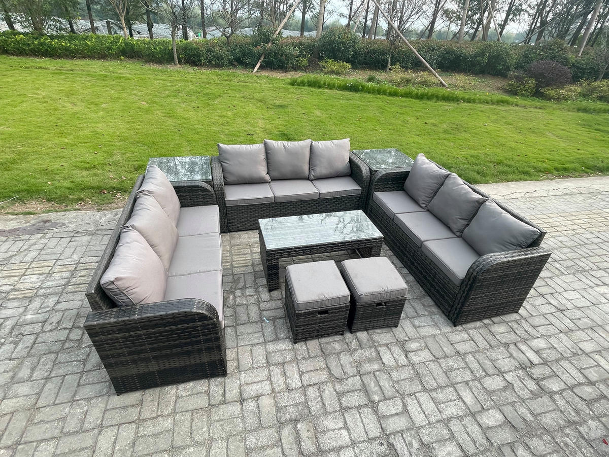 GARTENSOFA SET mit rechteckigem COUCHTISCH Polyrattan 11-Sitzer Dunkelgrau - Dunkelgrau/Grau, Glas/Kunststoff - Fimous