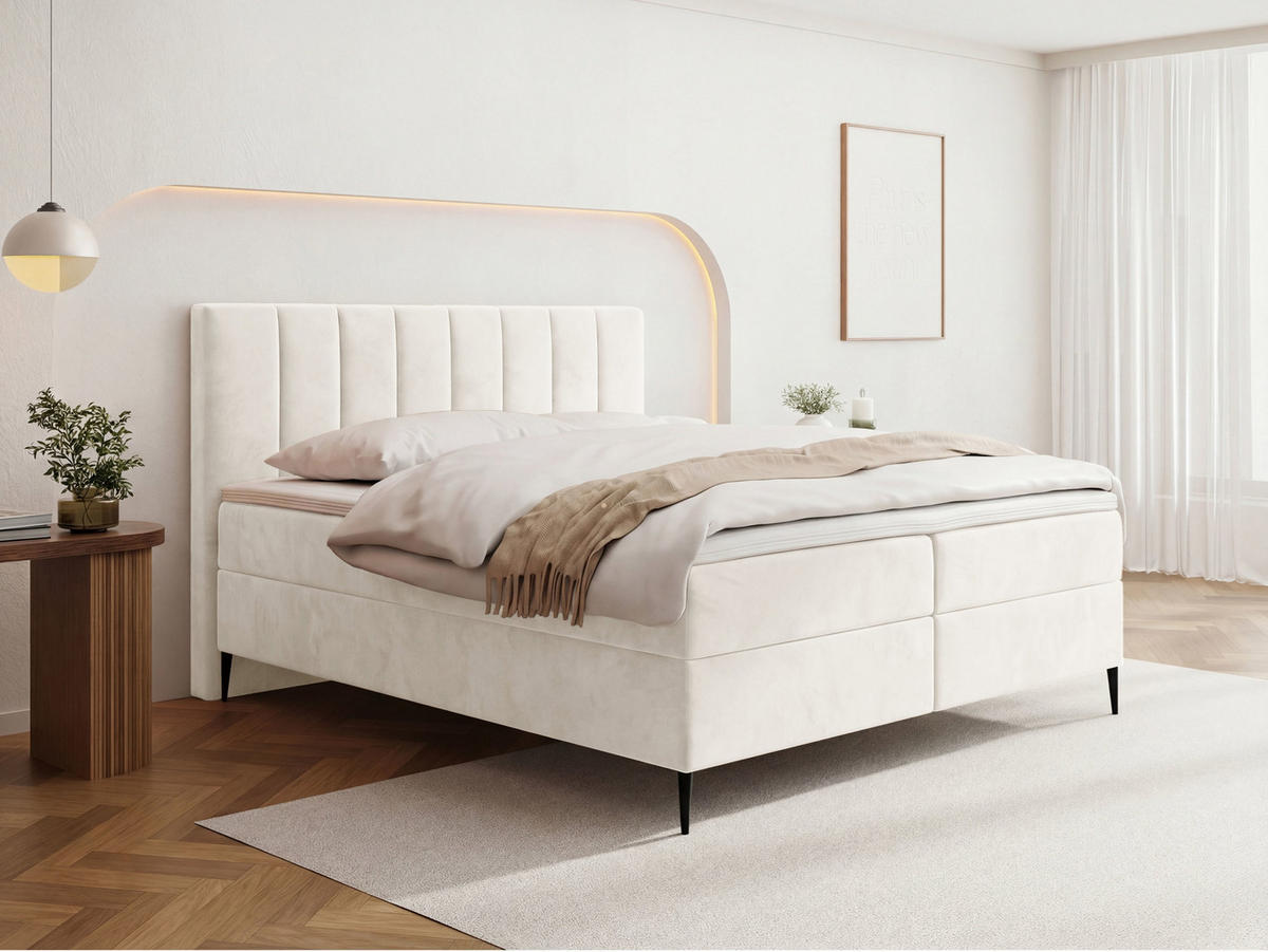 BOXBETT Allen mit Bettkasten, Samt Creme 120x200 cm – inkl. H4 Taschenfederkern Matratze & Foam Topper - Beige/Creme, Holz/Holzwerkstoff (120/200cm) - WFL GROUP