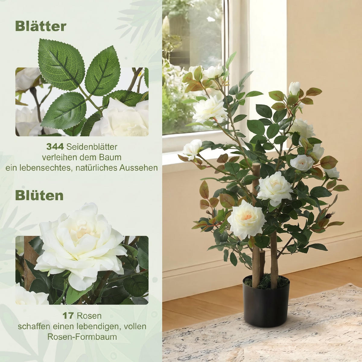KÜNSTLICHER-ROSENBAUM Seidenstoff PE Weiß - Weiß, Holz/Textil (90cm) - HOMCOM