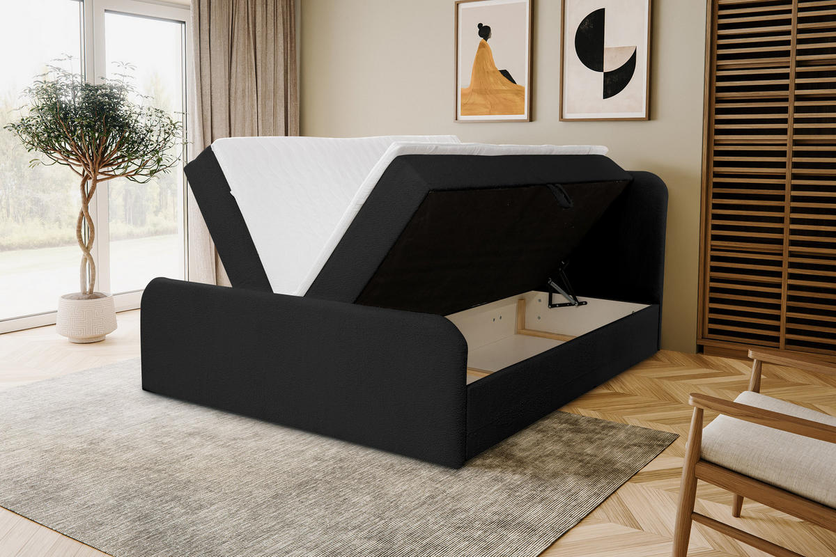 BOXBETT LAMBI mit 2 Bettkästen, 180x200, Farbe: Schwarz, Bouclé-Stoff, mit Bonell-Matratze inkl. Topper - Schwarz, Holz/Kunststoff (180/200cm) - VENASI MÖBEL