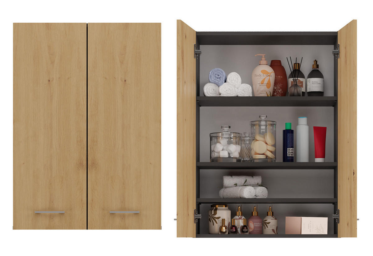 BADEZIMMERSCHRANK POLA MINI DD - ANTHRAZIT EICHE ARTISAN - Anthrazit/Eiche Artisan, Holzwerkstoff (64/90/30cm) - CDF