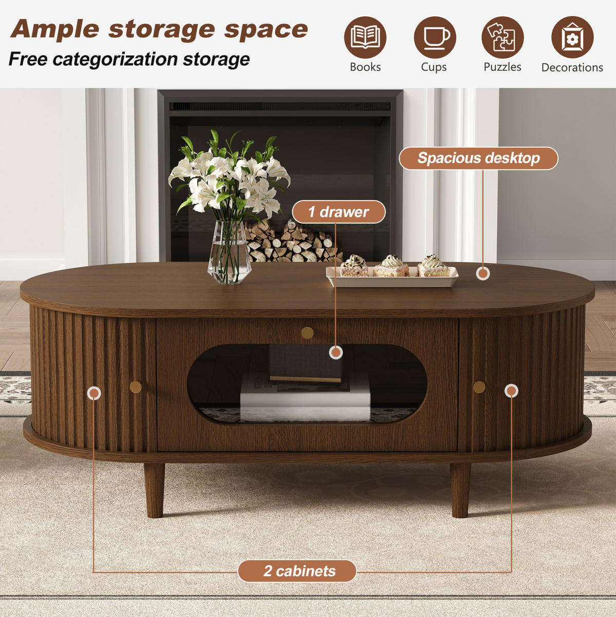 COUCHTISCH 100/50/36 cm in Walnuss aus MDF mit Schublade und Rollladen - Nussbaumfarben, Holzwerkstoff (100/50/36cm) - OKMYHOME