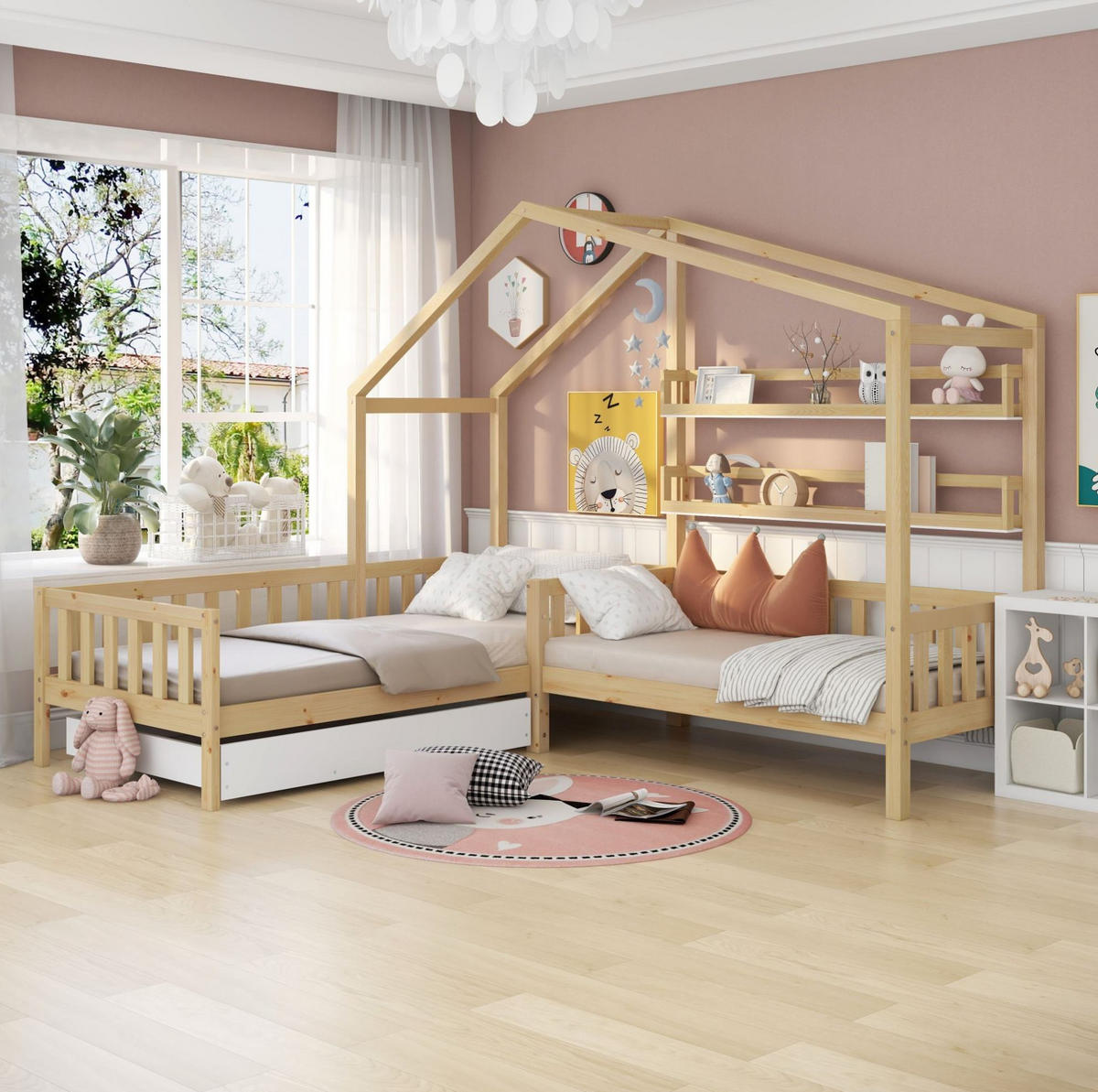 KINDERBETT aus Kiefernholz 90x200 cm+140x70 cm Natur mit Schublade, Regalen und Lattenrost in L-Form - Naturfarben, Holz (90/200cm) - Modfu