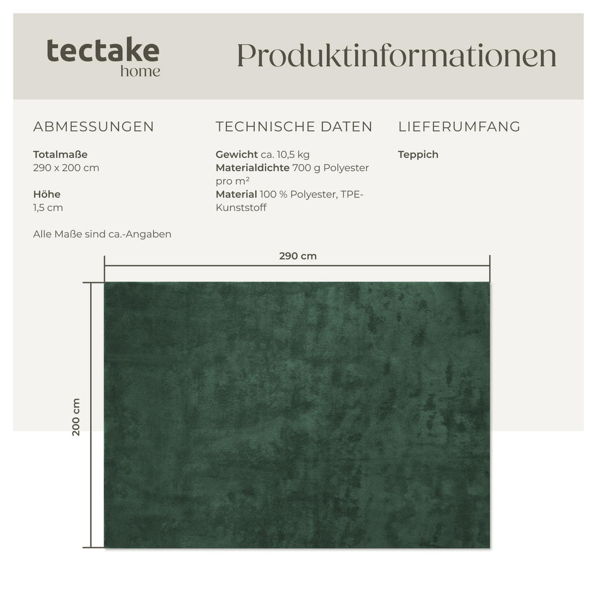 KURZFLORTEPPICH Soft Zone,rutschfeste Unterseite,grün - Grün, Kunststoff (290/200cm) - tectake