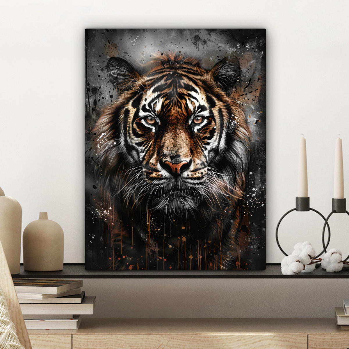 LEINWANDBILD Tiger - Tiere - Porträt - Luxus - Schwarz 30x40 cm - Anthrazit, Textil (30/40cm) - MuchoWow