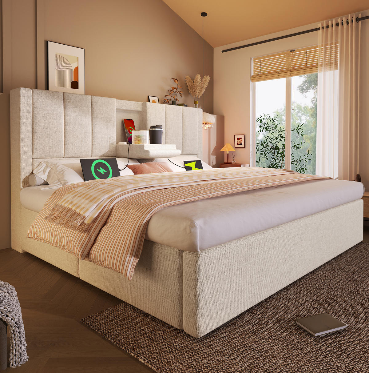 POLSTERBETT mit Stauraum und Ladestation 160x200 cm Leinen Beige mit Matratze - Beige, Metall (160/200cm) - Beauniv