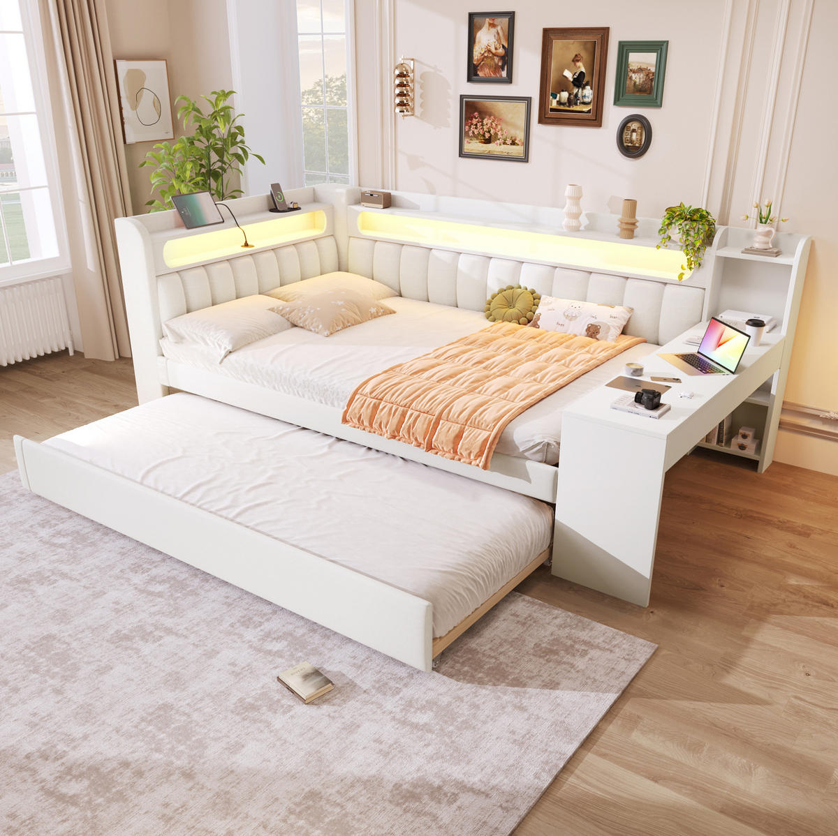 ČALÚNENÁ posteľ 140/200 cm biela s LED osvetlením, USB, výsuvným lôžkom a písacím stolom z MDF - biela, kompozitné drevo (140/200cm) - OKWISH