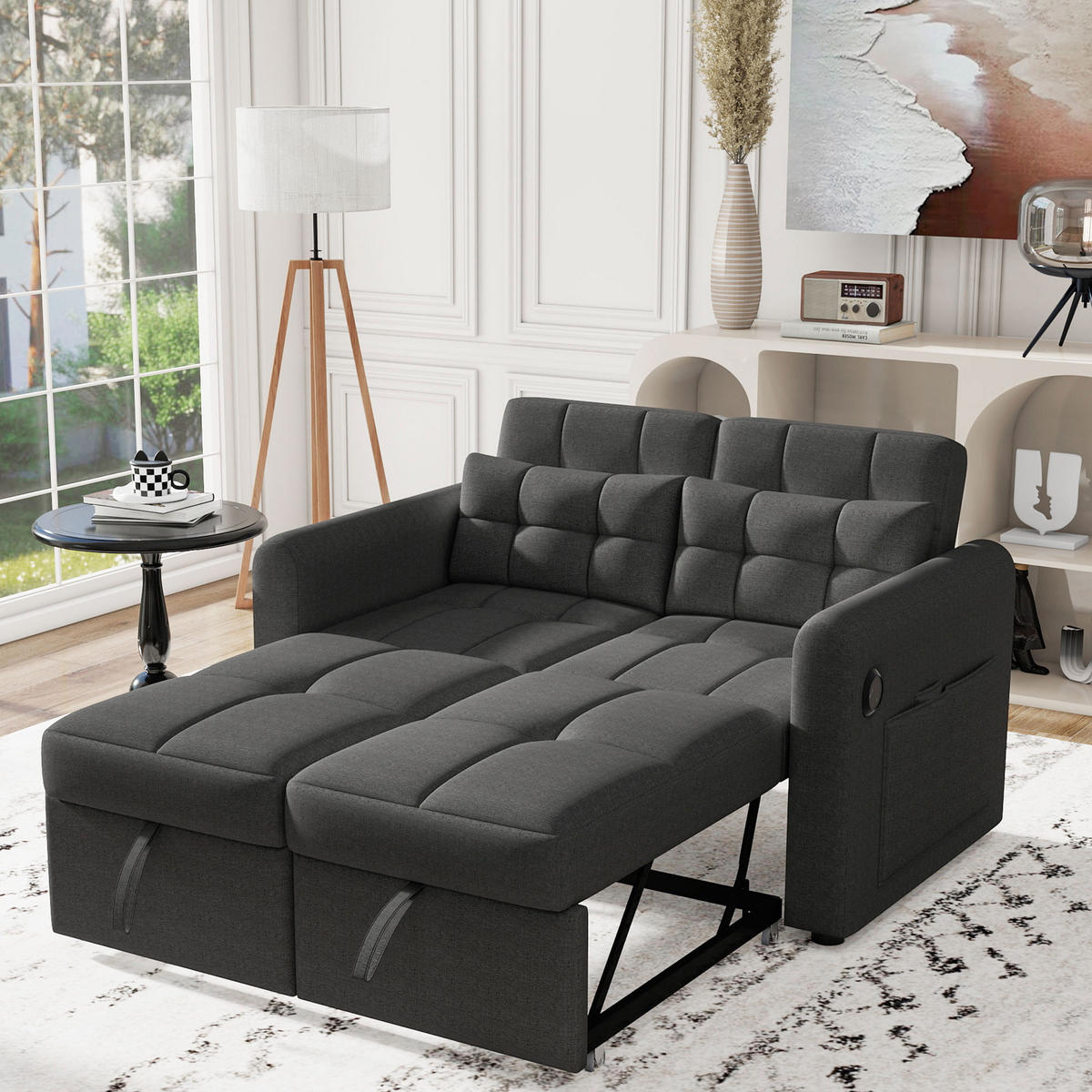 SCHLAFSOFA 3-in-1 Baumwoll-Leinen mit verstellbarer Rückenlehne und USB-Anschluss Grau 142/85/83 cm - Grau, Textil (85/83/142cm) - Redom