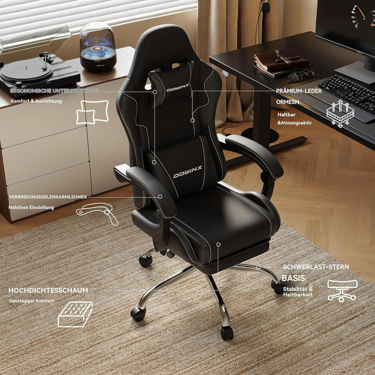 GAMING Stuhl PU-Leder Ideal Für Büro, Home, Streaming und Lange Gaming - Schwarz, Leder (65/123/70cm)