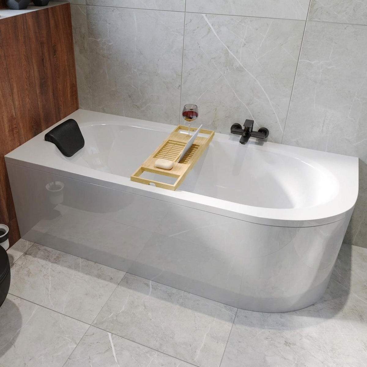 BADEWANNE Eckwanne AVITA 150/75 Links + Kopfstütze Ablauf Füße - Weiß, Kunststoff (75/55.5/150cm) - bad land