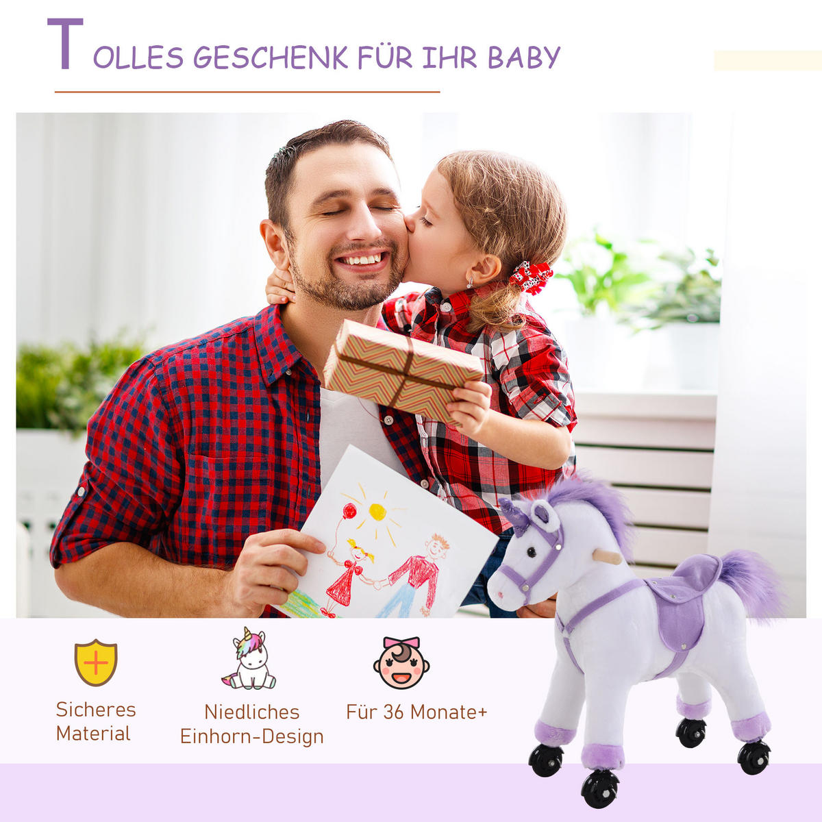 KINDER SCHAUKELTIER, Weiß+Lila, Pappelholz+ Plüsch - Weiß, Holz (23/60/55cm) - HOMCOM