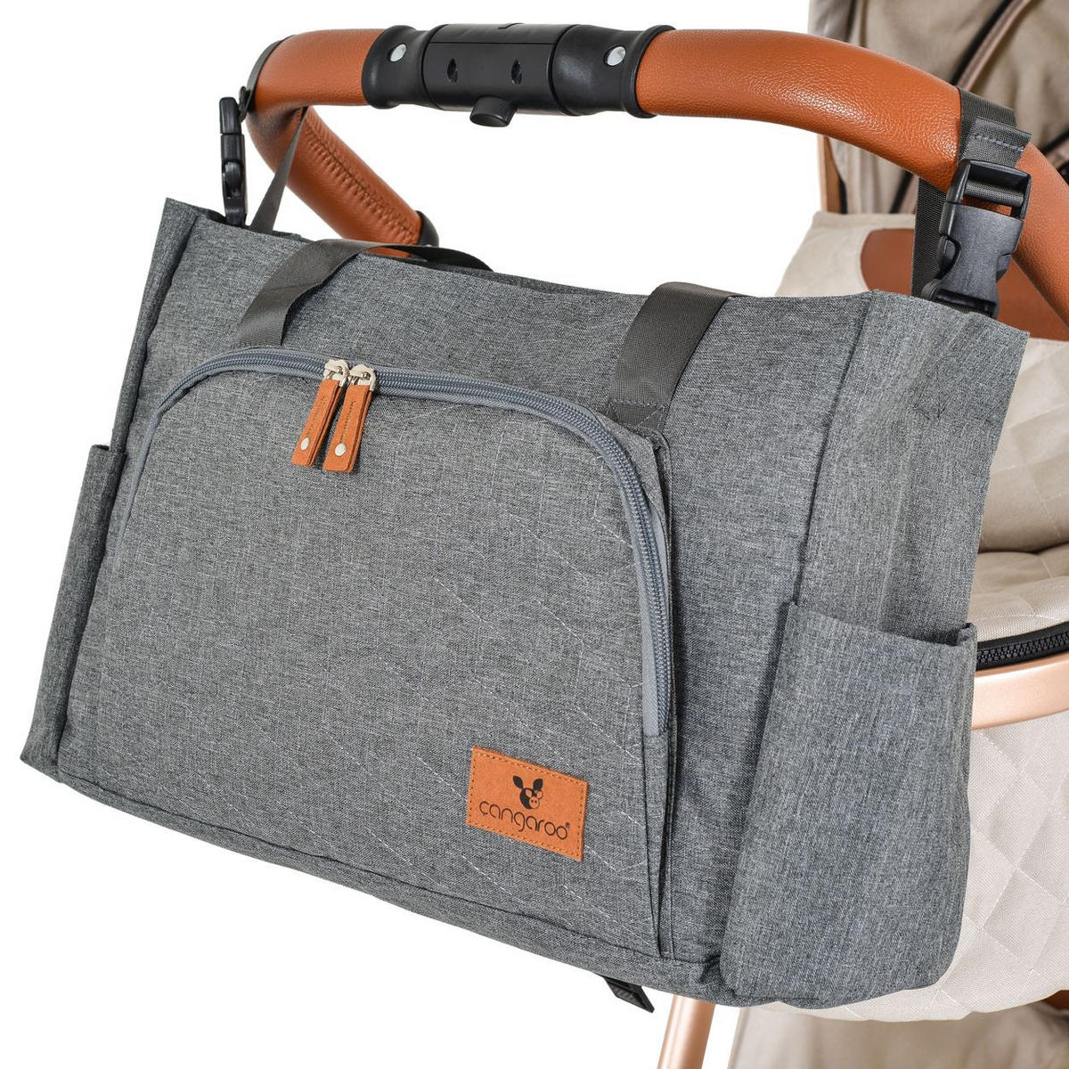 WICKELTASCHE Keily grau Wickelunterlage, Vordertasche, Seitentaschen, Kinderwagenclips - Grau, Textil (13/29/44cm) - Cangaroo