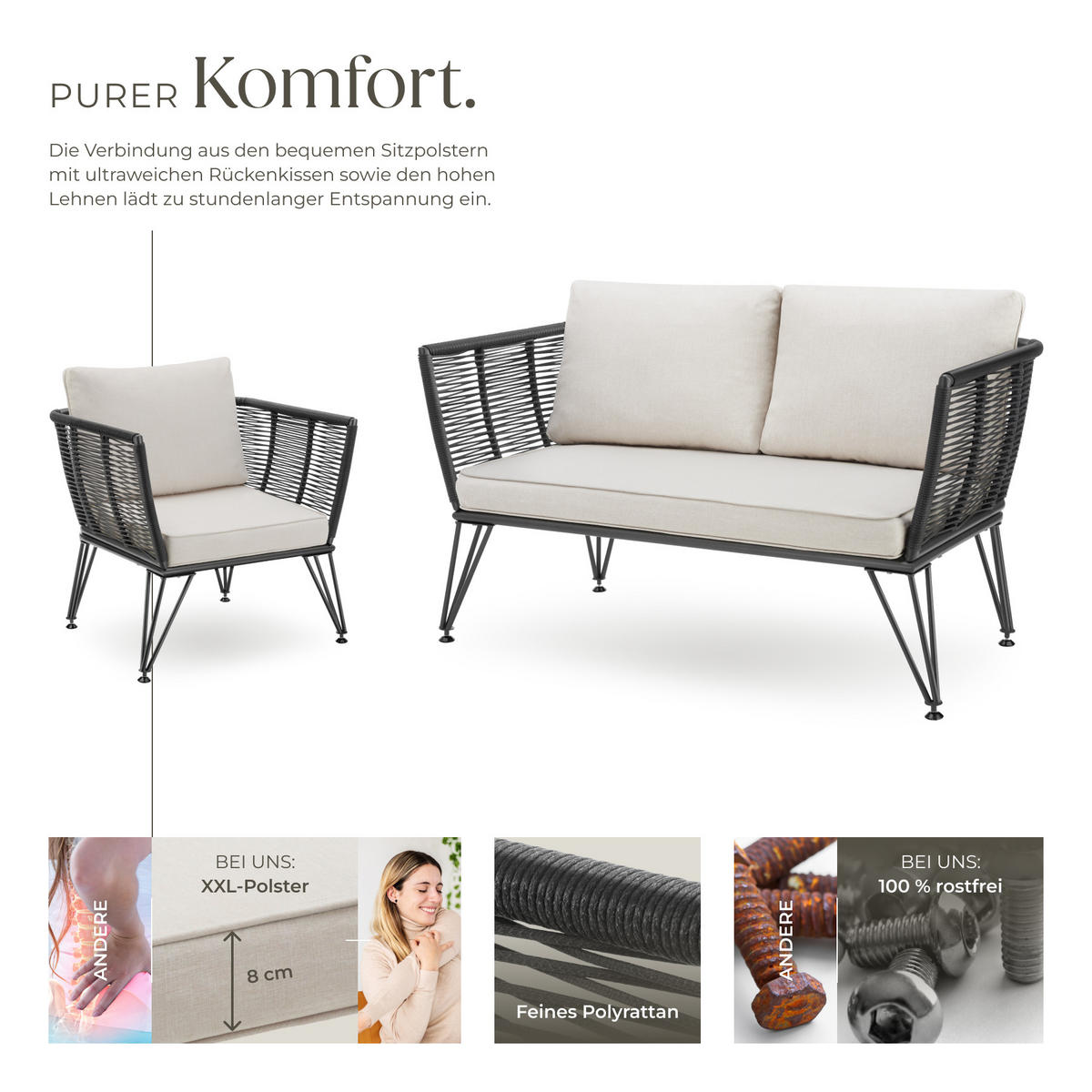 GARTEN-LOUNGESET Sundo,höhenverstellbare Füße,anthrazit - Anthrazit, Kunststoff/Textil - tectake