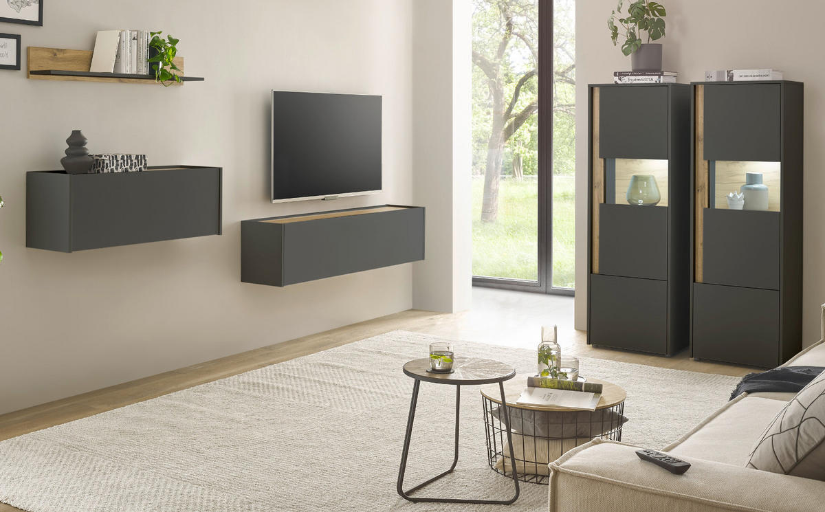 WOHNWAND grau matt, Eiche Wotan 410 cm, Wohnkombination mit Sekretär - Eiche Wotan/Grau, Holzwerkstoff/Kunststoff (410/170/40cm) - Furn.Design