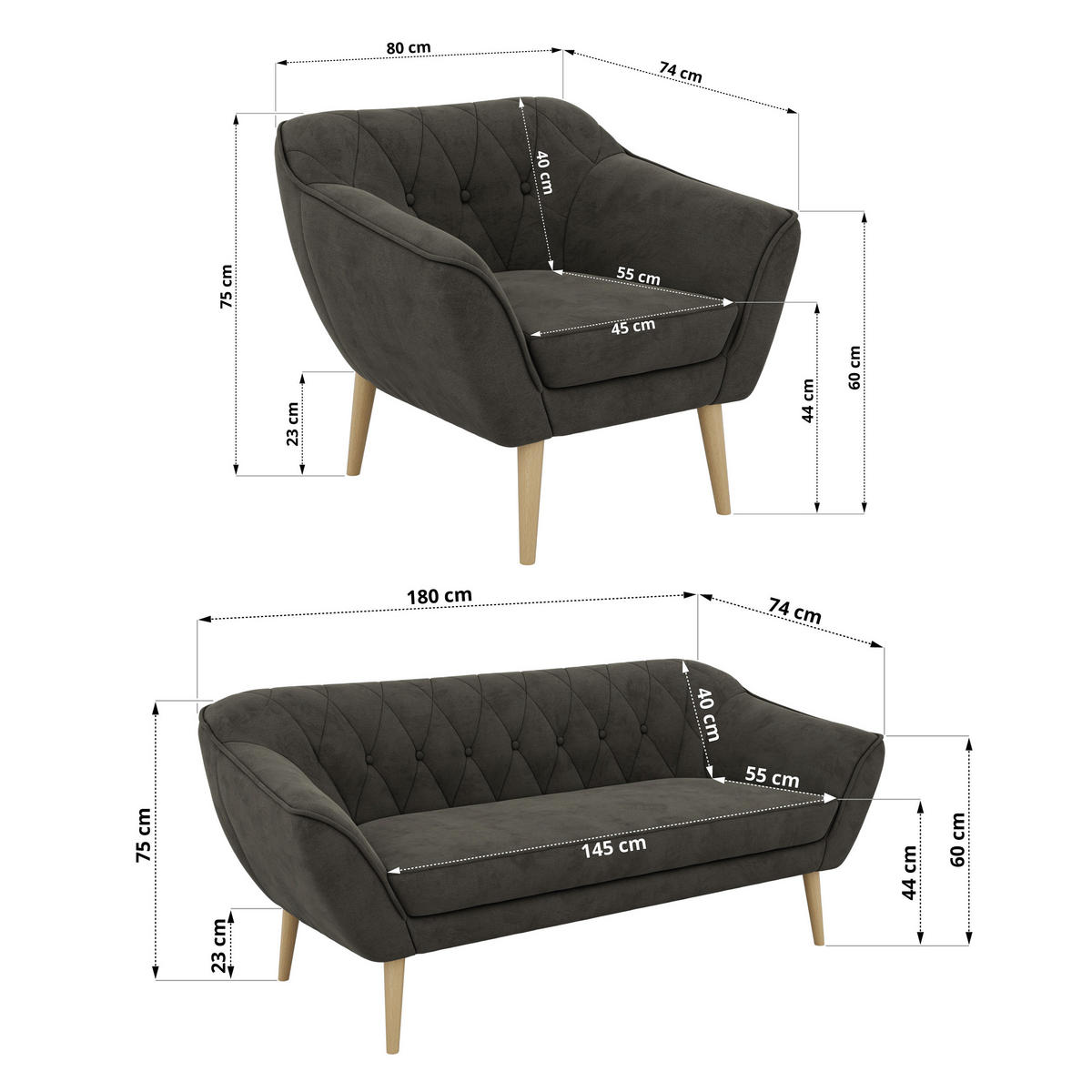 SEDACÍ SOUPRAVA 3+1+1 PIRS - Tmavě šedá Samet - Dřevěné nohy - tmavě šedá/barva buku, kompozitní dřevo/textil (180/75/74cm) - MKS