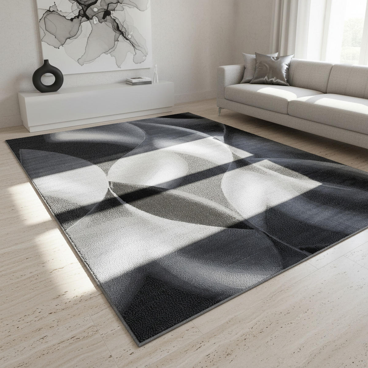TEPPICH Kurzflor Abstrakte Wellen Polypropylen Wohnzimmer Schwarz Rechteckig 140x200 - Schwarz, Textil (140/200cm) - KADIMA DESIGN