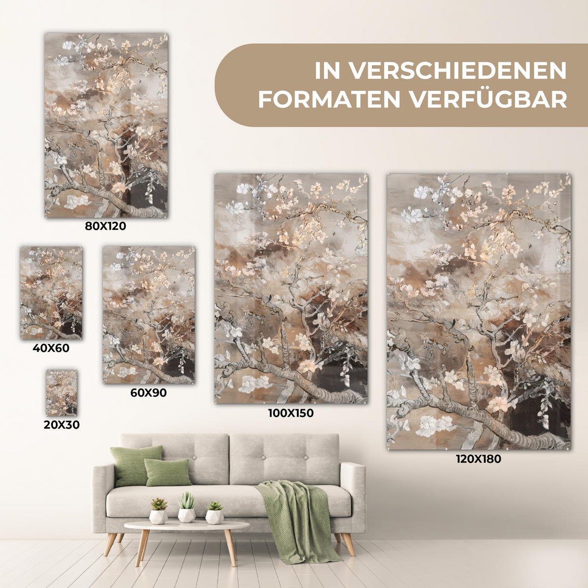 ACRYLGLASBILD Mandelblüte - Kunst - Van Gogh - Beige - Abstrakt 40x60 cm - Braun, Glas (40/60cm) - MuchoWow