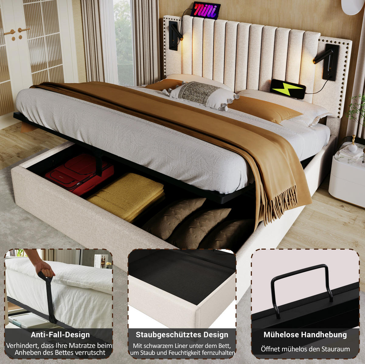 POLSTERBETT 140/200 cm mit Leselicht, USB-C-Anschlüssen und Bettkasten, höhenverstellbares Kopfteil, Beige - Beige, Textil (140/200cm) - Redom