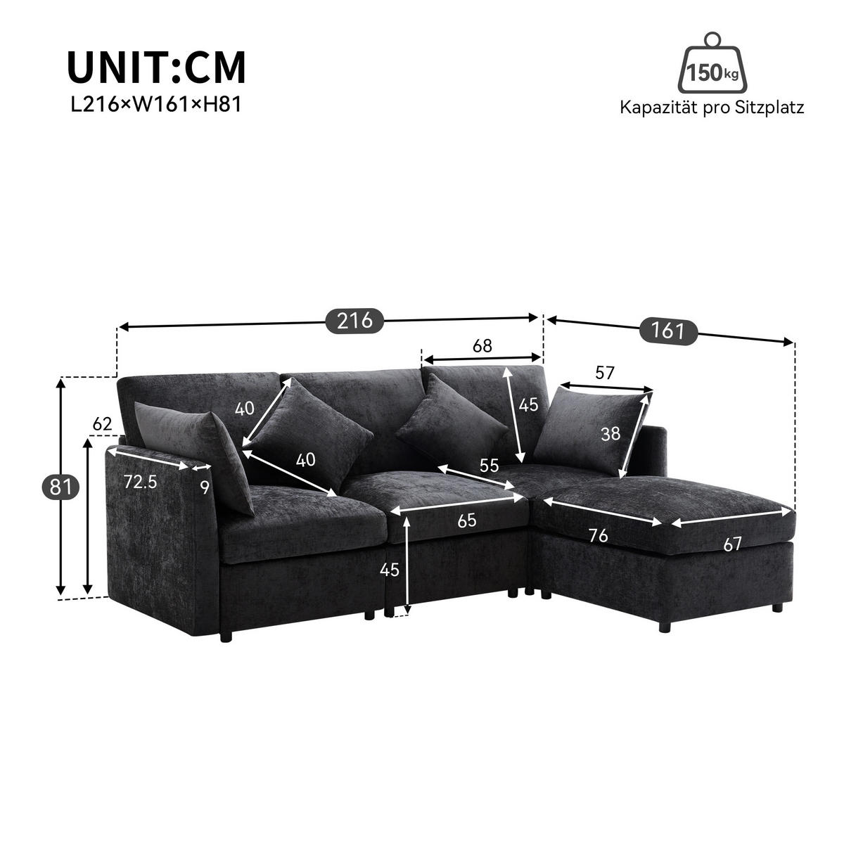 ECKSOFA Chenille mit Hocker 216/161/81 cm Grau abziehbare Sitzkissen - Grau, Textil (161/216cm) - Redom