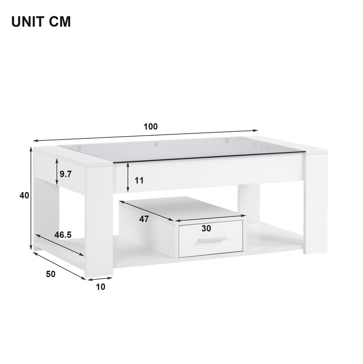 COUCHTISCH aus Spanplatte 100x50x40 cm Weiß mit Glasplatte, 2 Schubladen und offenem Stauraum - Weiß, Holzwerkstoff (100/50/40cm) - Modfu