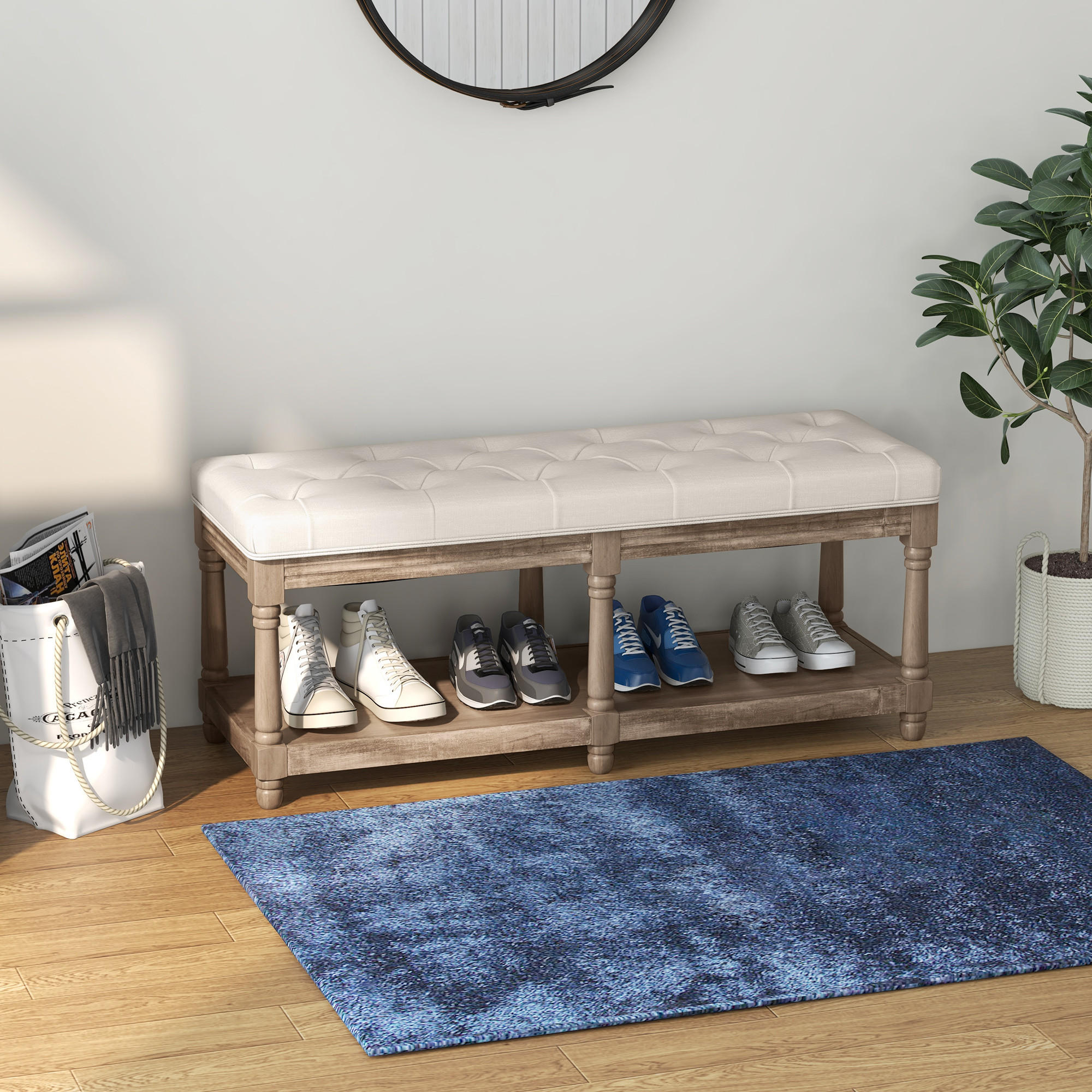 SCHUHBANK mit Sitzfläche, Stauraum und weichem Kissen, Flur, Creme - Weiß, Kunststoff (40/48/115cm) - HOMCOM