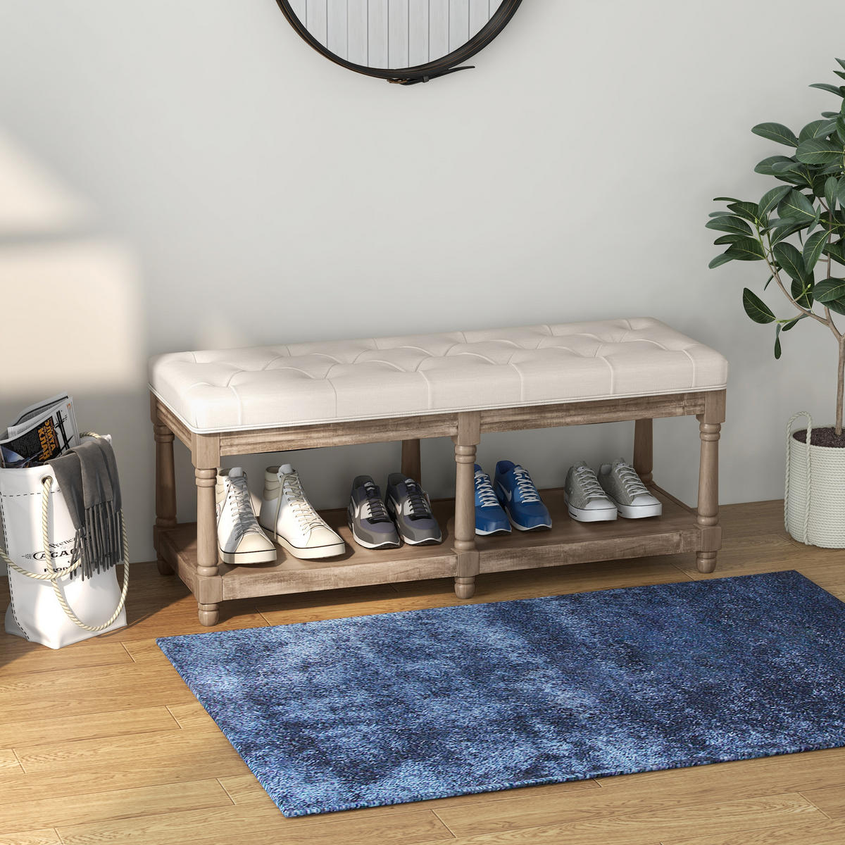 SCHUHBANK mit Sitzfläche, Stauraum und weichem Kissen, Flur, Creme - Weiß, Kunststoff (40/48/115cm) - HOMCOM
