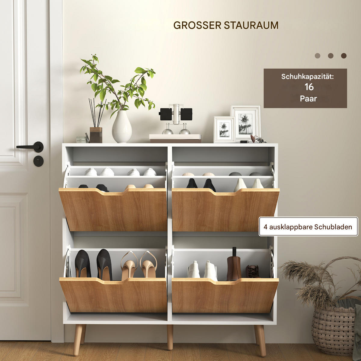 SCHUHSCHRANK mit 4 Klapptüren, Platz für 16 Paar Schuhe, verstellbarem Einlegeboden, Beinen aus Kiefernholz, 95 x 26 x 95 cm, naturfarben - Braun, Holzwerkstoff (95/95/26cm) - HOMCOM