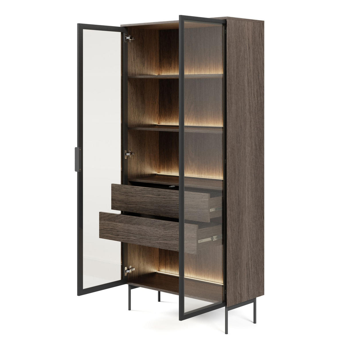 VITRINE Lumi mit LED Eiche Dunin 91 cm - Dunkelbraun/Schwarz, Holzwerkstoff/Metall (91.5/194.6/39.3cm) - Selsey