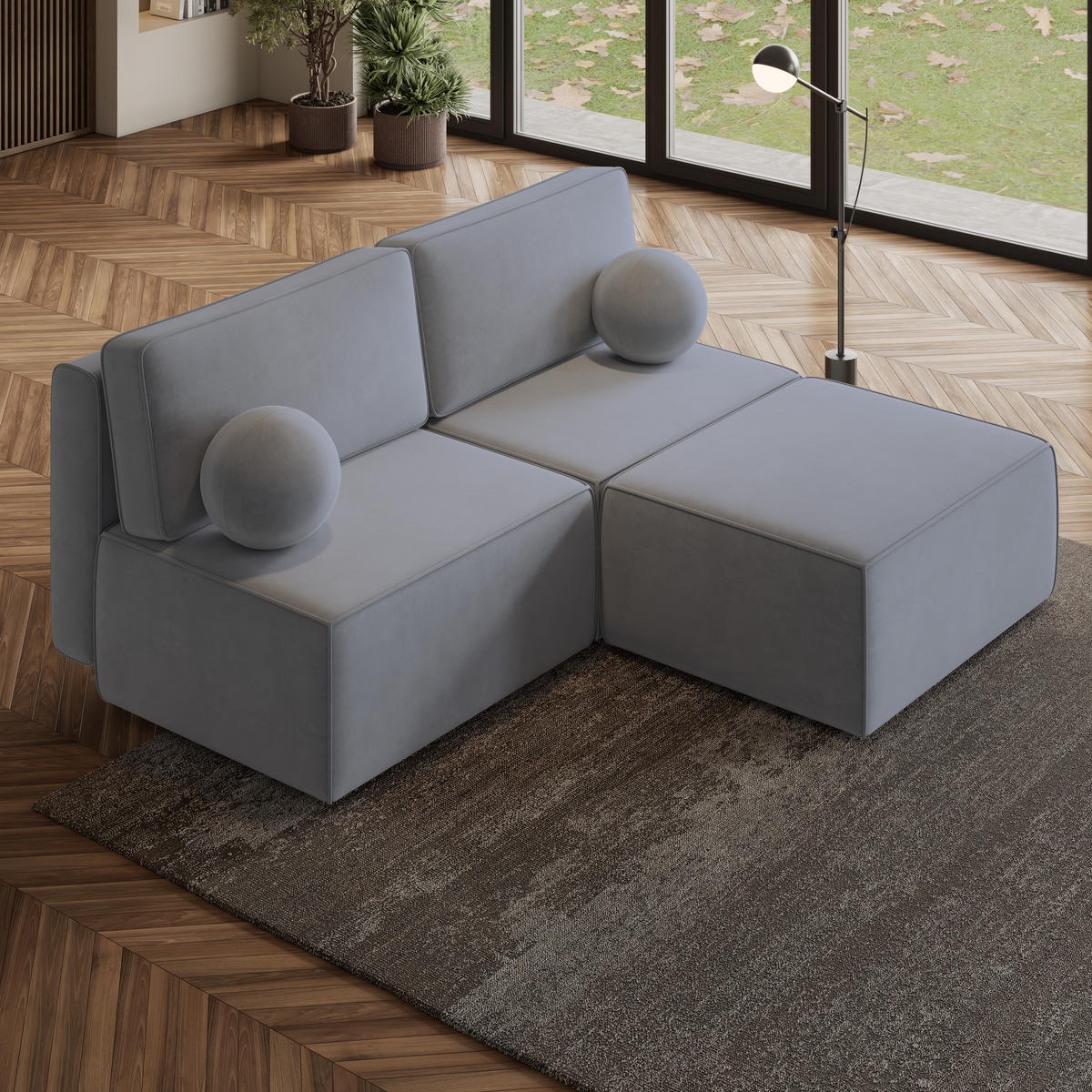ECKSOFA VARNA M Grau Velours-Stoff mit Schlaffunktion - Grau, Holz (196/158cm) - MASSENO