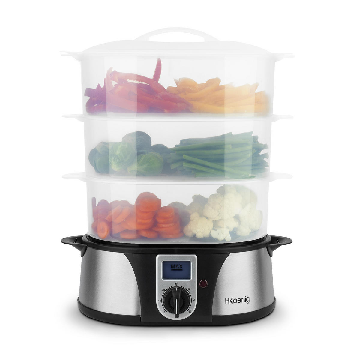 DAMPFGARER VAP10 Grau und Transparent, 3 herausnehmbare stapelbare Schalen für Eier, Gemüse, Reis - Silberfarben, Metall (35/43/20cm) - HKoenig