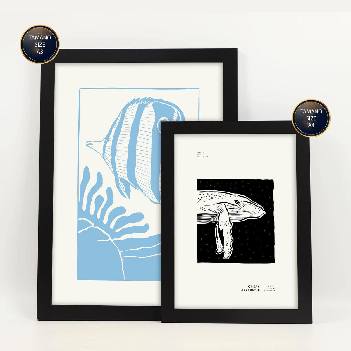 POSTER Set Mit 6 Schwarze Tintenmeermuster Größe A3 & A4 Schwarzer Rahmen - Schwarz, Papier (29.7/1cm) - Nacnic