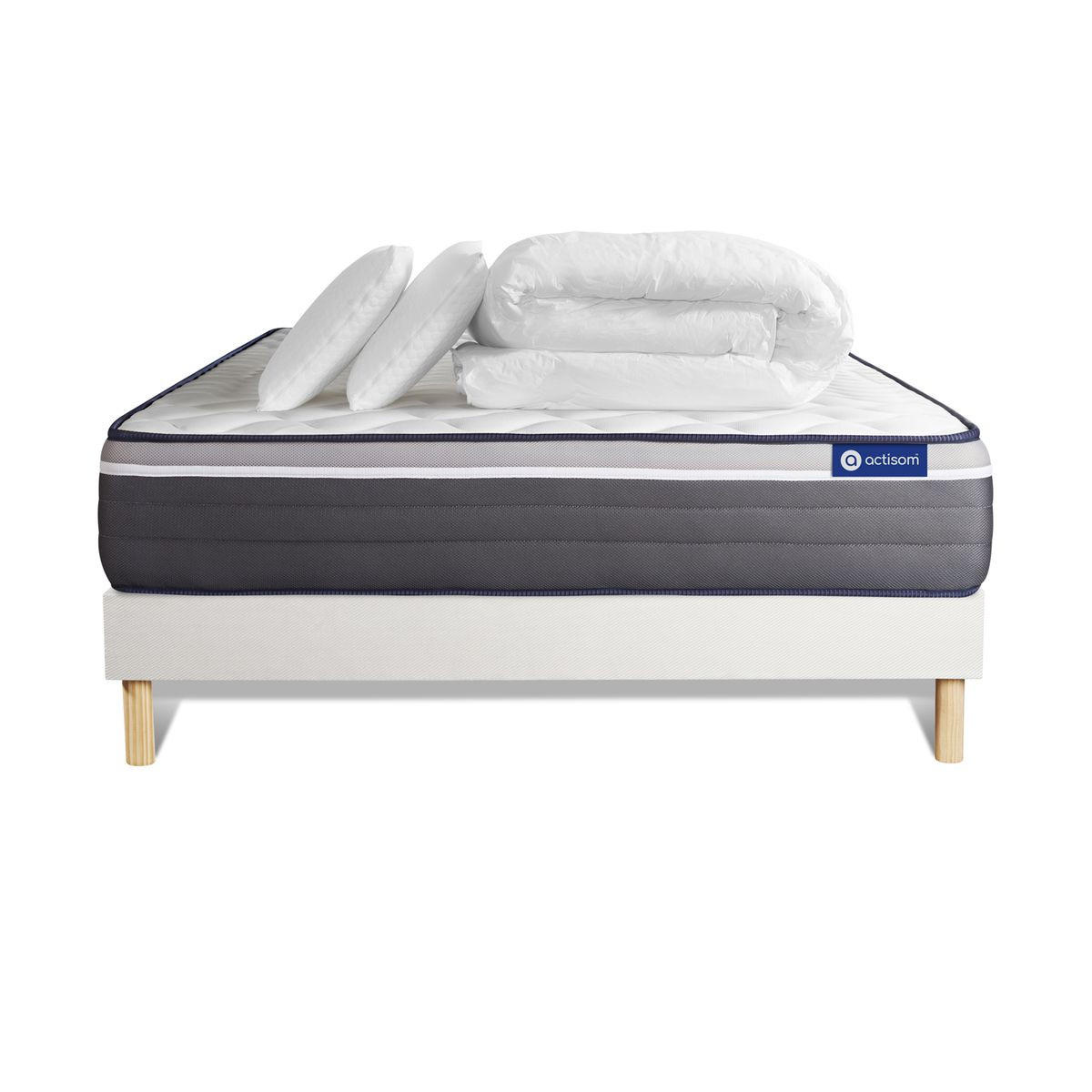 BETT Actimemo plus Memory-Schaum 140 x 200 cm h4 - Kit Bettgestell Weiß - Mit Kissen und Bettdecke - Beige/Weiß, Karton/Holz (140/200cm) - ACTISOM