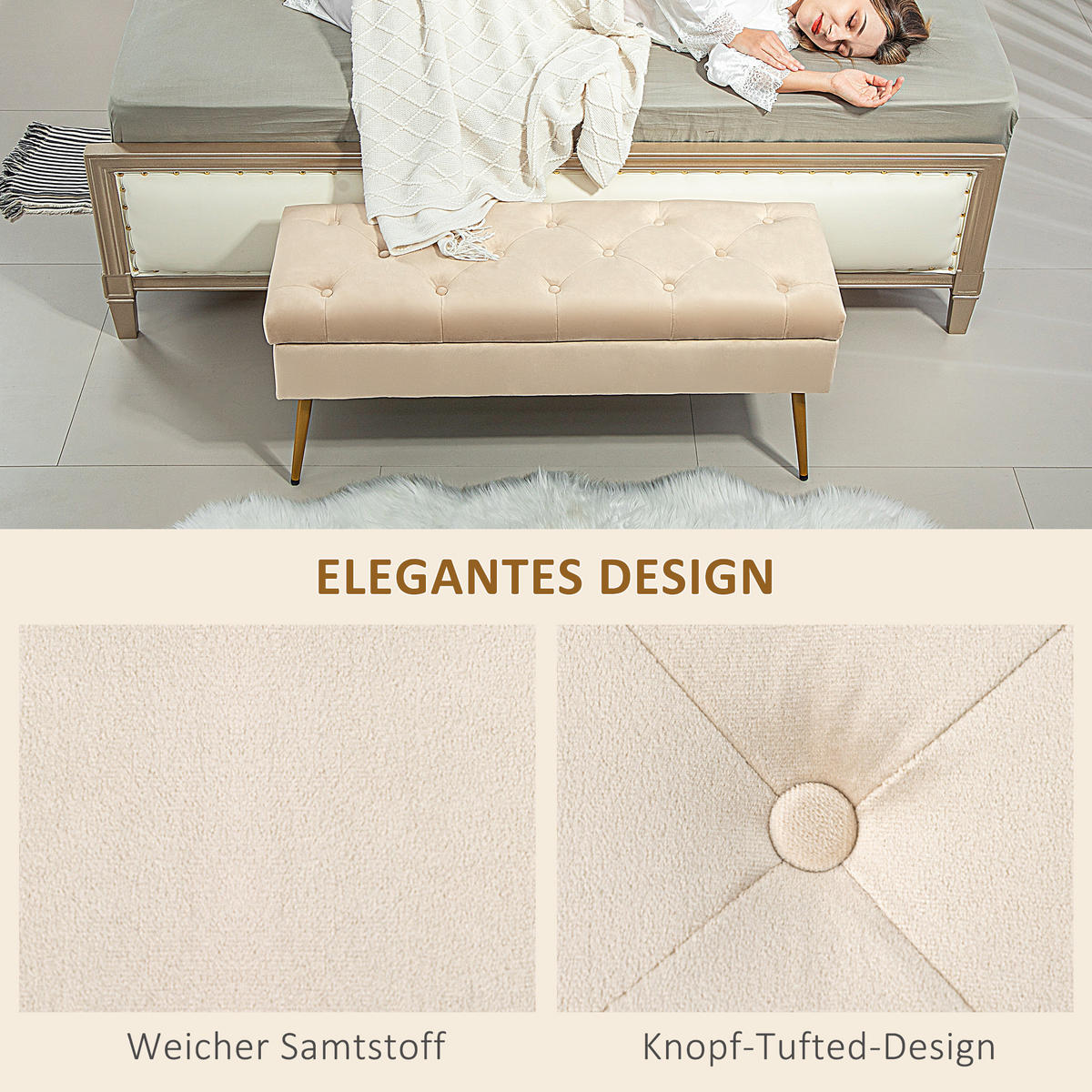 TRUHENBANK mit Samtoptik für Flur Metall Beige - Beige, Kunststoff (35/43/102cm) - HOMCOM