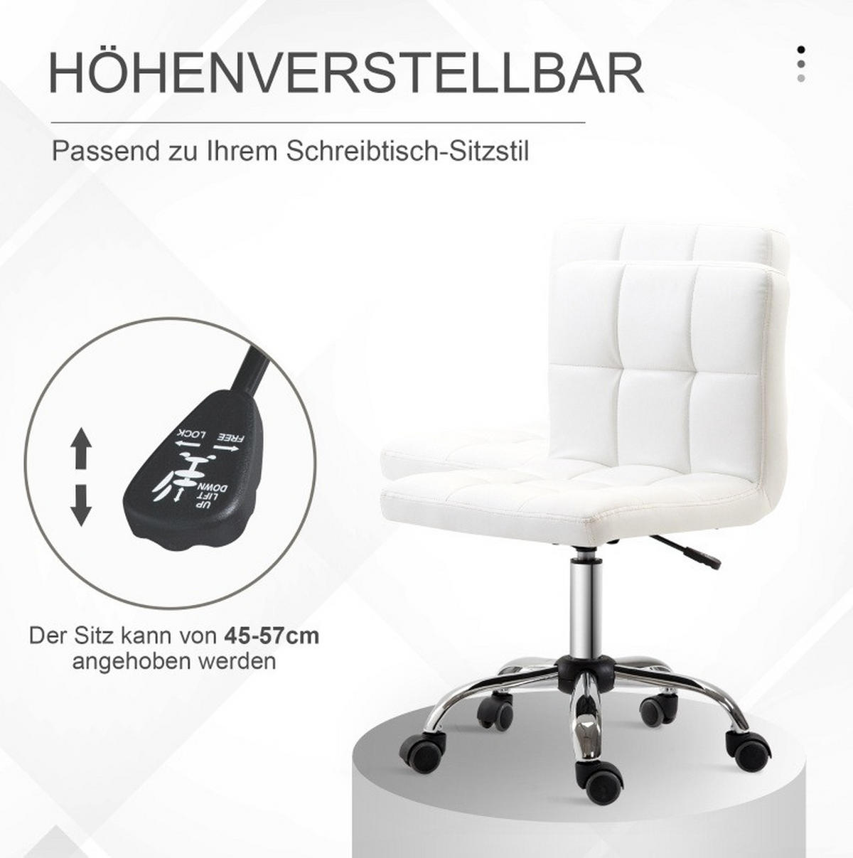 DREHSTUHL, Sitzhöhe 45–57 cm, weißes Bonded Leather, verzinktes Stahlgestell, ohne Armlehnen, 51/46/92 cm,Weiß - Weiß, Kunststoff (46/92/51cm) - Redom