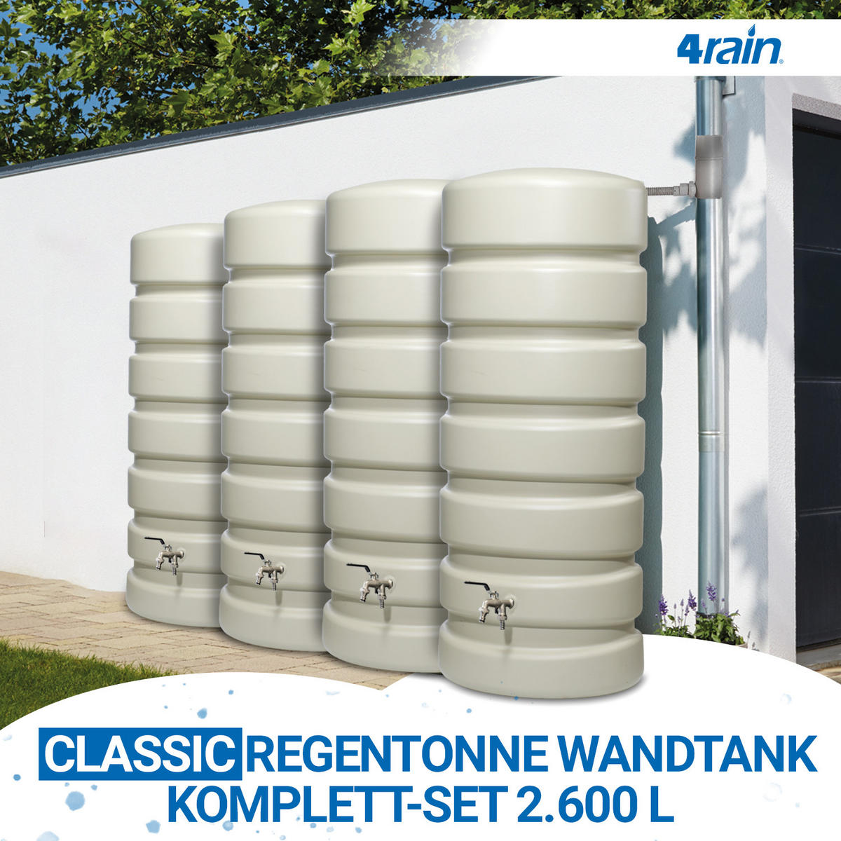 REGENTONNE Wandtank-SET Komplett-Set 2600 L, sandbeige 4 x 650 L, inkl. Verbinder und Fallrohranschluss - Beige, Kunststoff (320/192/60cm) - 4rain